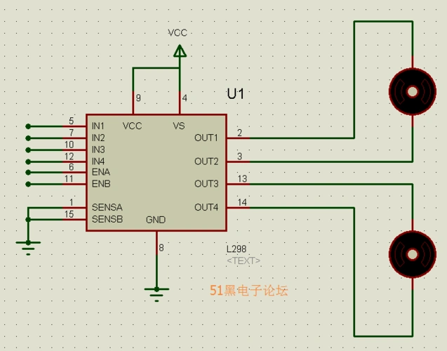 l298n控制两个电机的proteus仿真电路图 求帮助