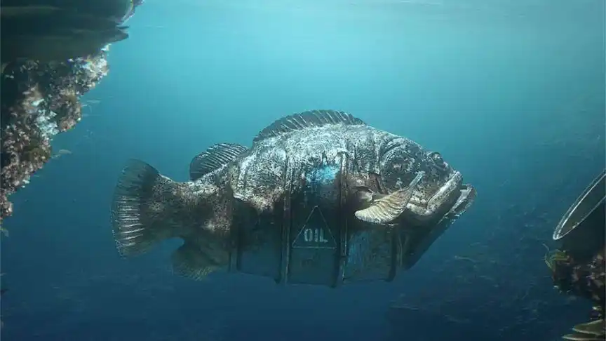 被污染的海洋,生物与垃圾融合为一体,鲨鱼身披铁衣乌龟背覆铁盖