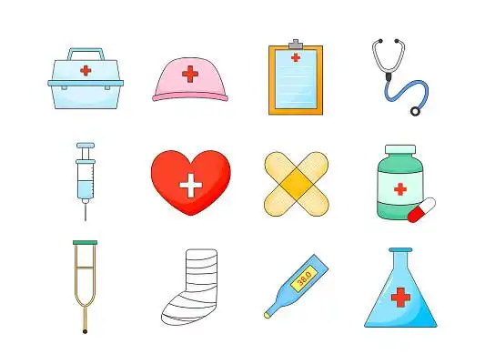 医疗用具卡通急救元素医药箱体温计医生护士急诊医院病人png素