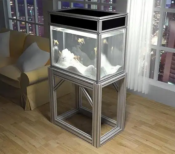 下图是用铝合金型材搭建的鱼缸架子和鱼缸及鱼缸存储物柜,这样的配合