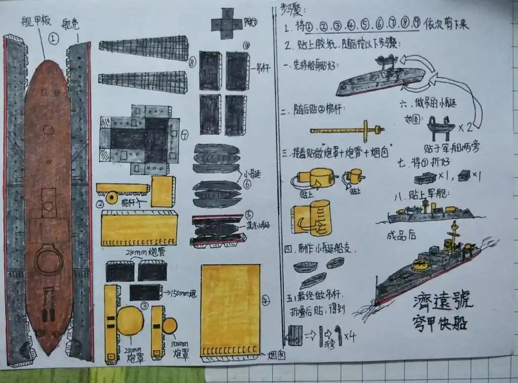 北洋海军—济远号舰纸模图纸,步骤图解,快去试试吧!(下期发成 - 抖音