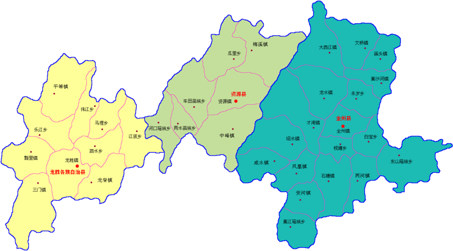 桂林市全州县(安和两河凤凰咸水),龙胜县(平等和平),资源县(梅溪中峰)