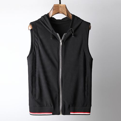 春夏男士背心镂空网格褶皱面料无袖坎肩透气背心