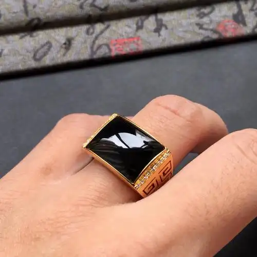 冰种墨翠镶18k金钻石方形男戒