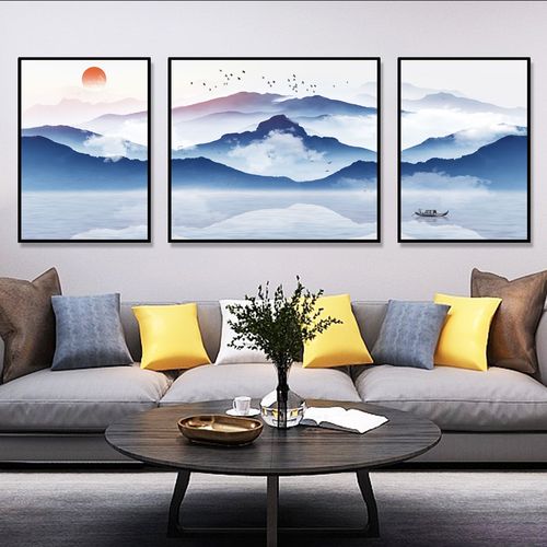 新中式新品客厅山水装饰画三联现代简约大气风景沙发背景墙壁挂画