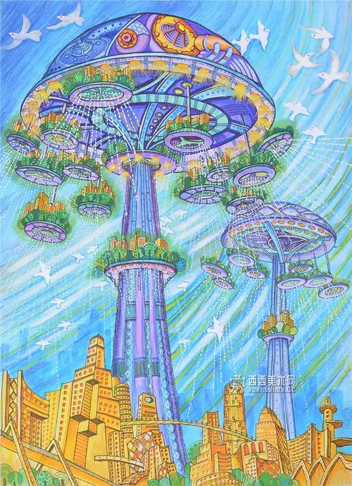 儿童获奖科幻画《蘑菇造雨工场》鉴赏_未来城市科幻画_科幻画_科幻画