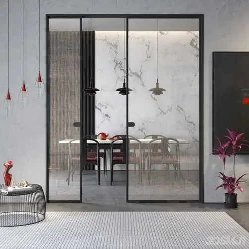 现代夹绢夹丝玻璃玻璃隔断移门推拉门3d模型-3d模型-模匠网,3d模型