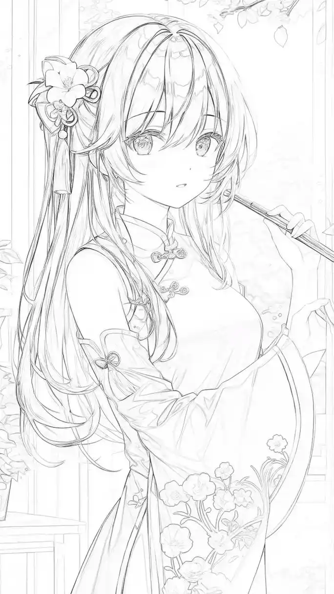 中国风国潮漫画美少女线稿,描摹涂色可