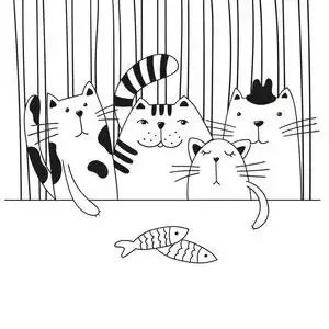 桌上有四只可爱的卡通猫.黑白矢量插图照片