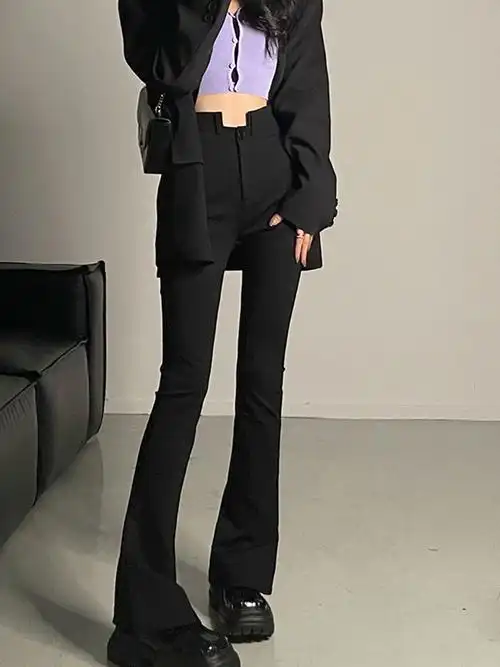 江合美高腰长裤休闲黑色显瘦新款喇叭裤微喇裤女休闲裤