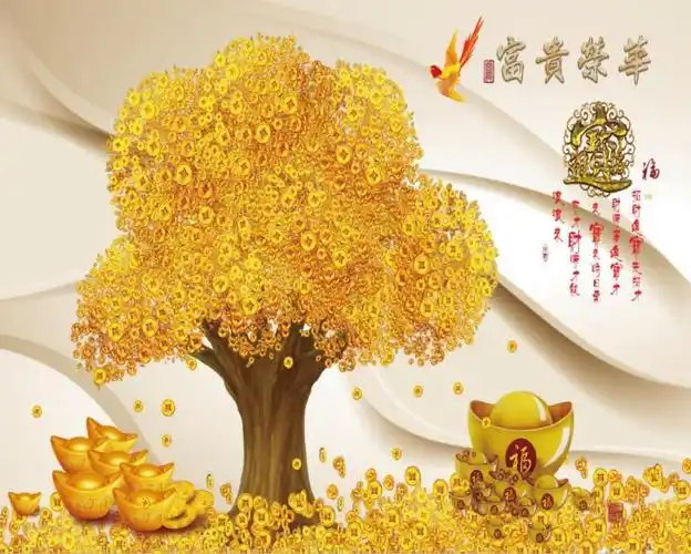 摇钱树 黄金满地 水墨山水竹