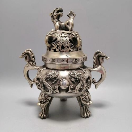 复古做旧古玩工艺品直销精美纯铜铜器白铜双龙戏珠熏香炉摆件