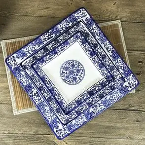 青花陶瓷四方盘家用正方形小菜碟子创意酒店用小吃盘复古菜盘鱼盘