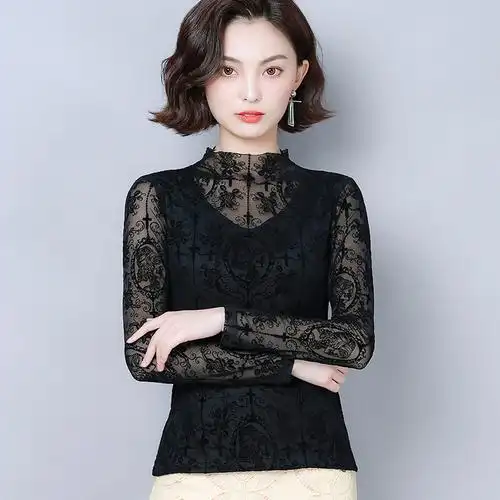 网纱蕾丝小衫带领打底衫女溥薄款沙沙t雷丝内撘洋气秋衣纱袖上衣