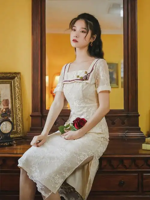 旗袍改良版连衣裙白色方领复古七分袖连衣裙中国风少女