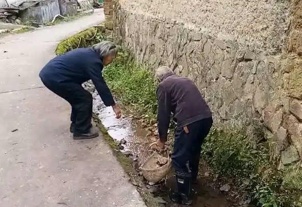 (两位老人在清理村里的河道垃圾)采访结束,在送记者出来时,胡兆祯又穿