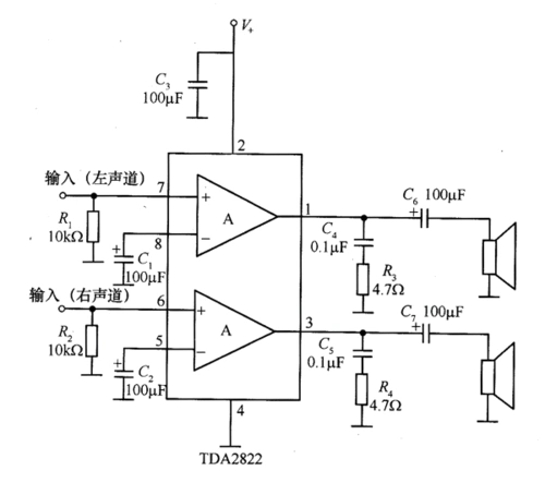 自制迷你小功放 1, 首先了解电路图主要以核心元件集成电路tda2822为