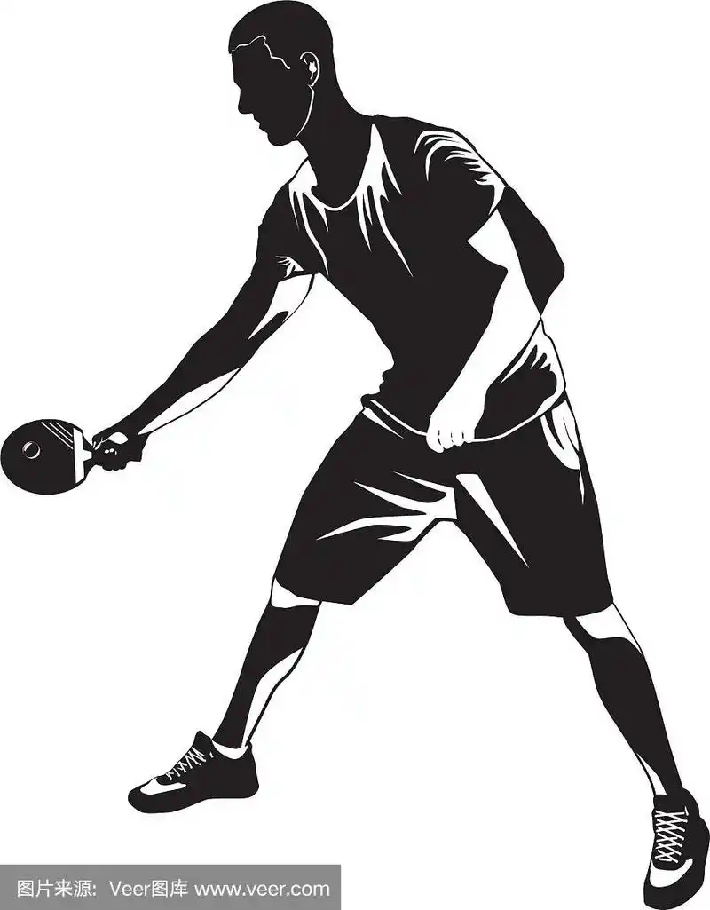 乒乓球运动员的黑色剪影在白色