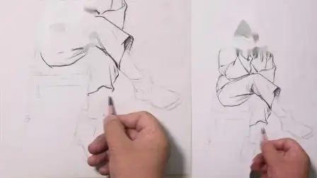 初级单人速写跷二郎腿手拿香烟的女青年坐姿5