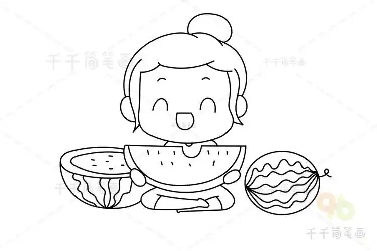小女孩在吃西瓜简笔画