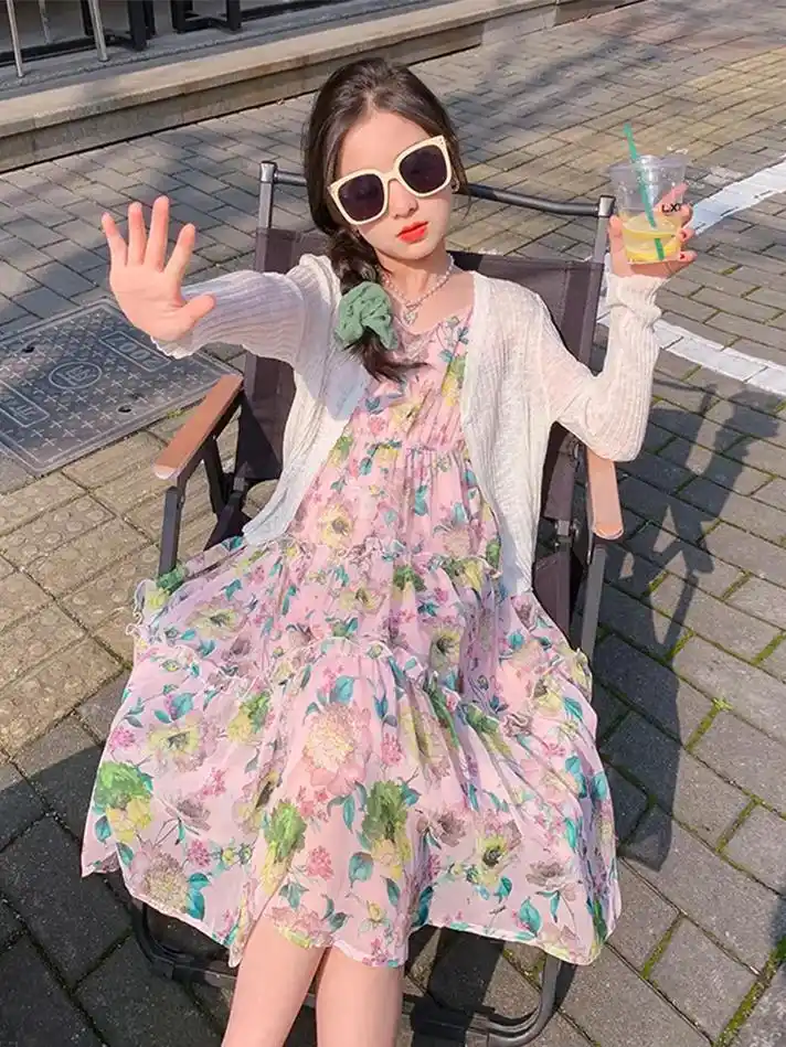 女童吊带碎花连衣裙夏季甜美公主法式两件套