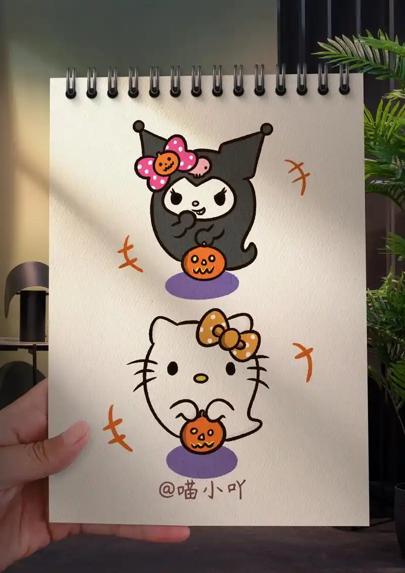 库洛米和kt猫简笔画.圣诞节装扮的库洛米和kt猫,有喜欢的宝 - 抖音