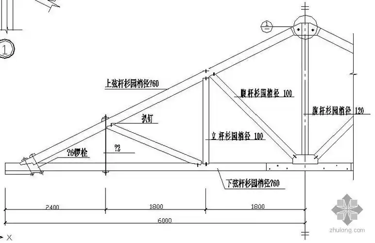 内容简介 某木屋架的节点构造详图:包括屋架桁架结构形式和节点祥图