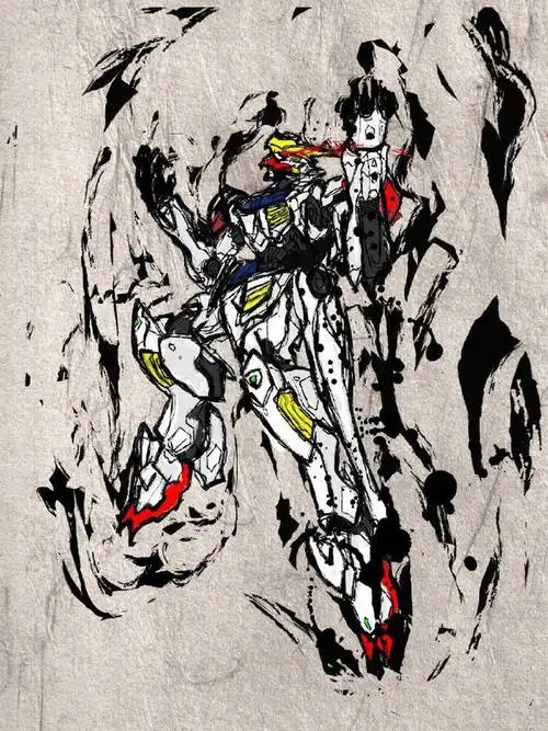 水墨风格机动战士高达插画巴巴托斯比强袭自由高达帅气