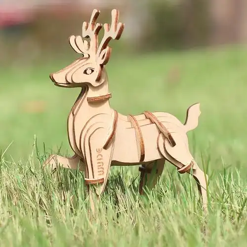 wude梅花鹿动物木制立体3d拼图木质diy积木玩具儿童手工拼装模型组装