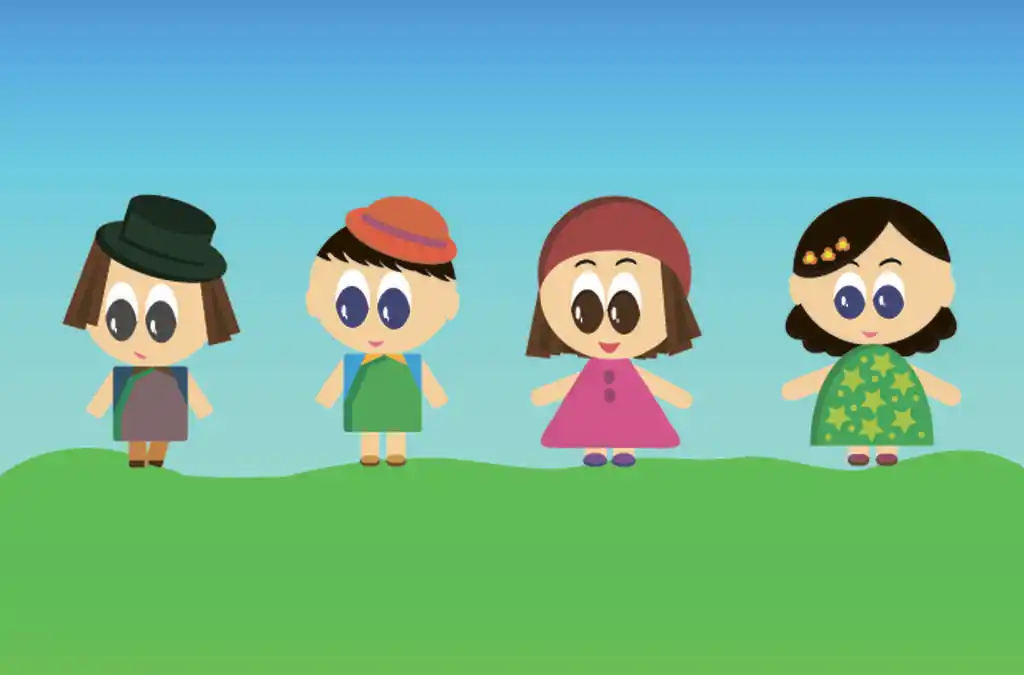 儿童,穿着衣服的四个卡通人