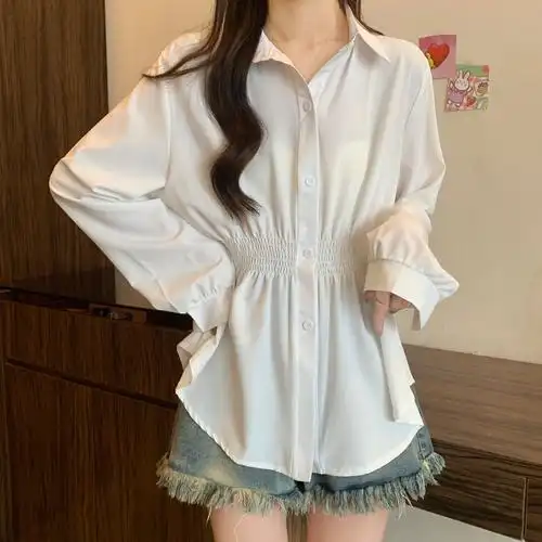 大码实拍女装长袖衬衫女2024新款收腰显瘦中长款百搭打底衬衣秋