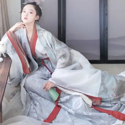 魏晋风交领齐腰襦裙汉服古风印花雪纺汉服