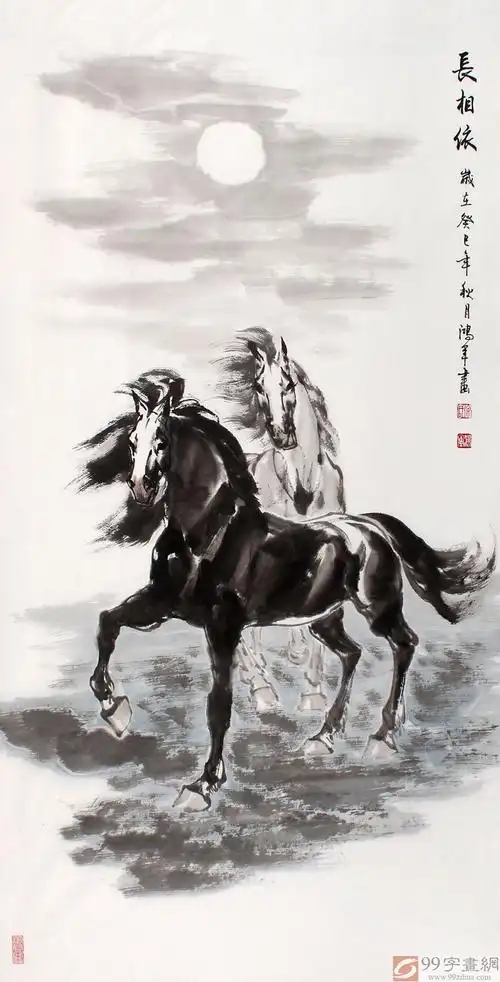 qa绥化美协理事徐鸿军四尺骏马图《长相依》