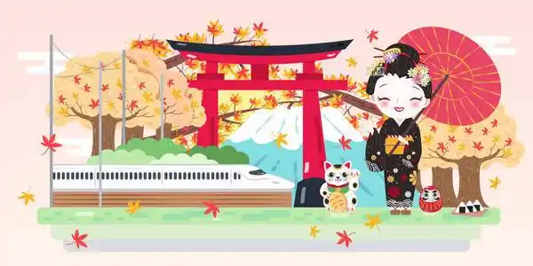 可爱的卡通艺妓与旅游日本粉红色背景照片