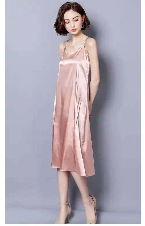 实拍真丝连衣裙中长款春夏桑蚕丝吊带裙大码修身内搭打底裙