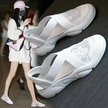 包头凉鞋女2022春夏季新款女鞋子一脚蹬渔夫鞋平底休闲运动凉鞋蕾丝