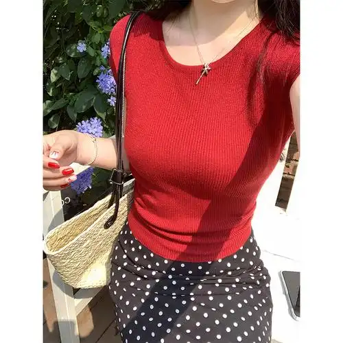 韩系红色冰丝短袖针织t恤女夏季修身显瘦打底衫短款正肩百搭上衣 - 17