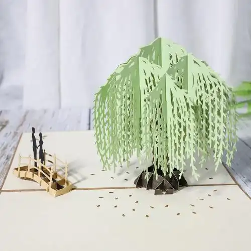 3d立体贺卡手工纸雕外贸复古林立体柳树风景创意建筑纸雕镂空贺卡