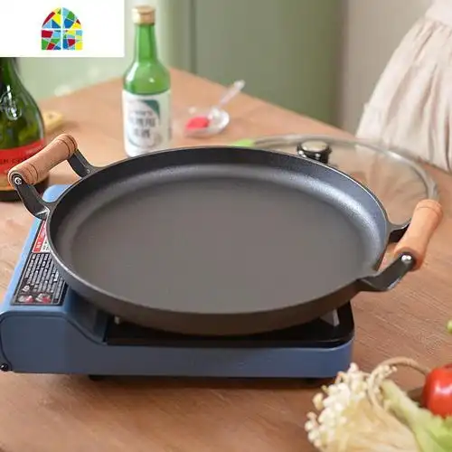 木柄家用煎饼锅铸铁平底锅烙饼鏊子摊煎饼果子工具不粘锅手抓饼锅feng