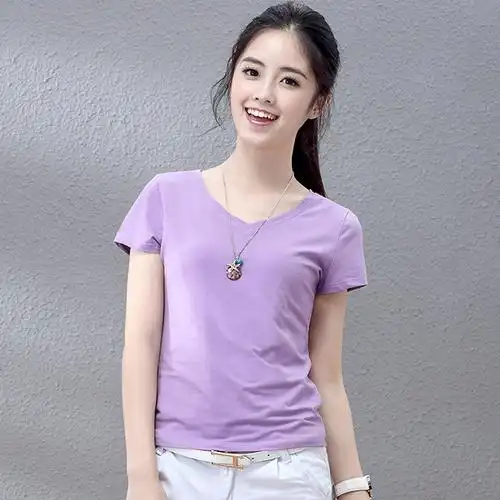菛鹿纯色韩版女装体恤上衣打底衫夏季新款v领修身纯棉短袖t恤女