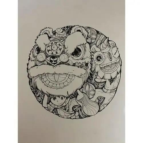 舞狮黑白装饰画