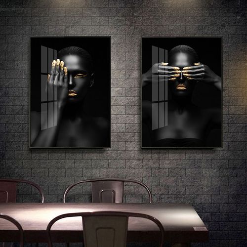 性感摩登黑人美女装饰画金色手指黑白壁画轻奢样板间民宿玄关挂画