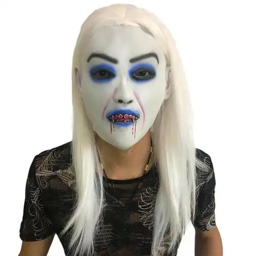 万圣节恐怖鬼脸面具牛角红魔鬼吓人假面化妆舞会表演乳胶套头 黑发