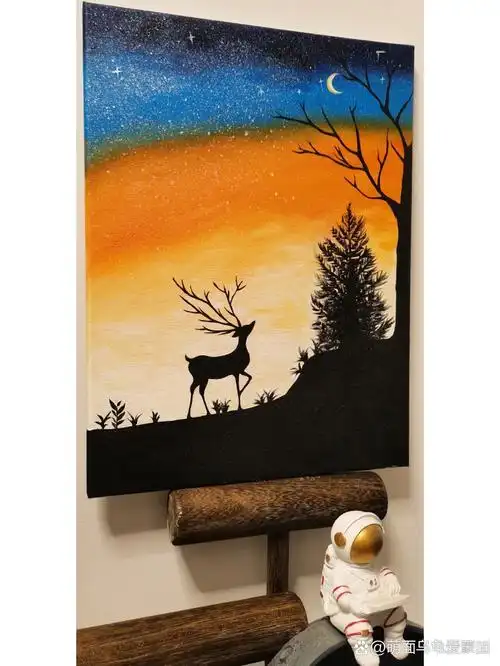 星空麋鹿 林深时见鹿 丙烯 油画夜色麋鹿 星空麋鹿 可爱小鹿 林深时见