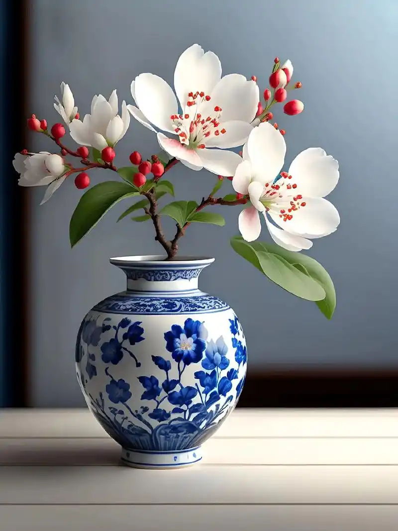 花瓶插花.青花瓷花瓶中有,海棠花的一根树枝,红色花瓣,纯白色 - 抖音