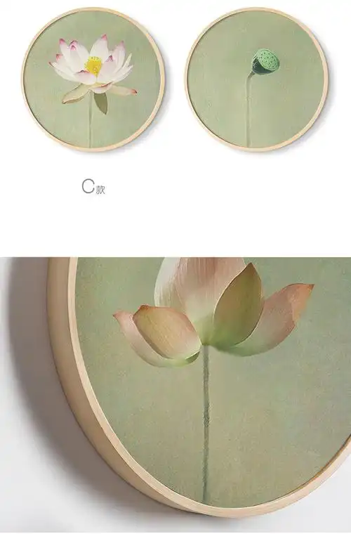 中式莲花圆形框壁画手绘荷花装饰画茶室背景墙画玄关书房中式挂画 a款