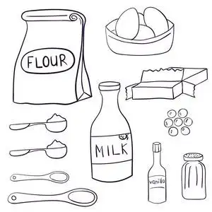 巧克力原料手绘一套烘焙原料和甜点. 蛋糕巧克力和饼干. 矢量插图照片