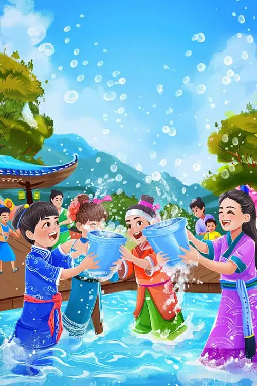 传统傣族泰国泼水节人物图片插画