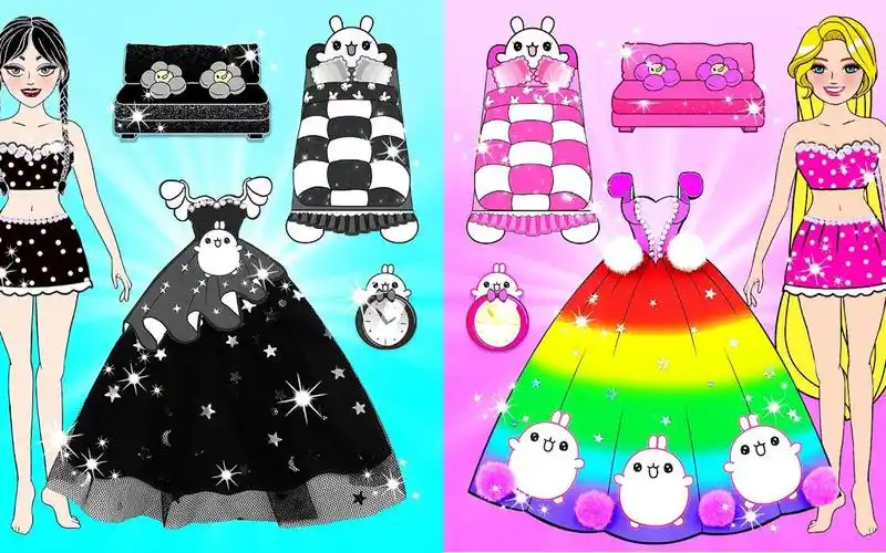 纸娃娃装扮:亚当斯和彩虹长发公主莫朗屋,芭比娃娃房间改造!