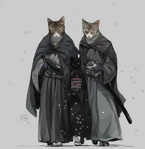 画师将猫咪拟人化成武士,站位都不带变的,眼神很犀利